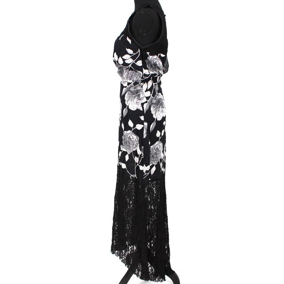 Reformation Black White Floral Lace Trim Hem Satin Maxi Sheath Dress XS Small - Picture 6 of 8